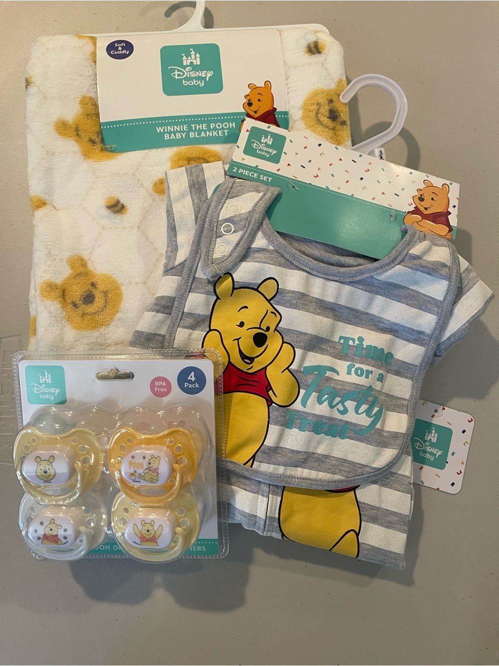 Disney Baby Gray & Yellow Winnie the Pooh Bib and Pacifier Set